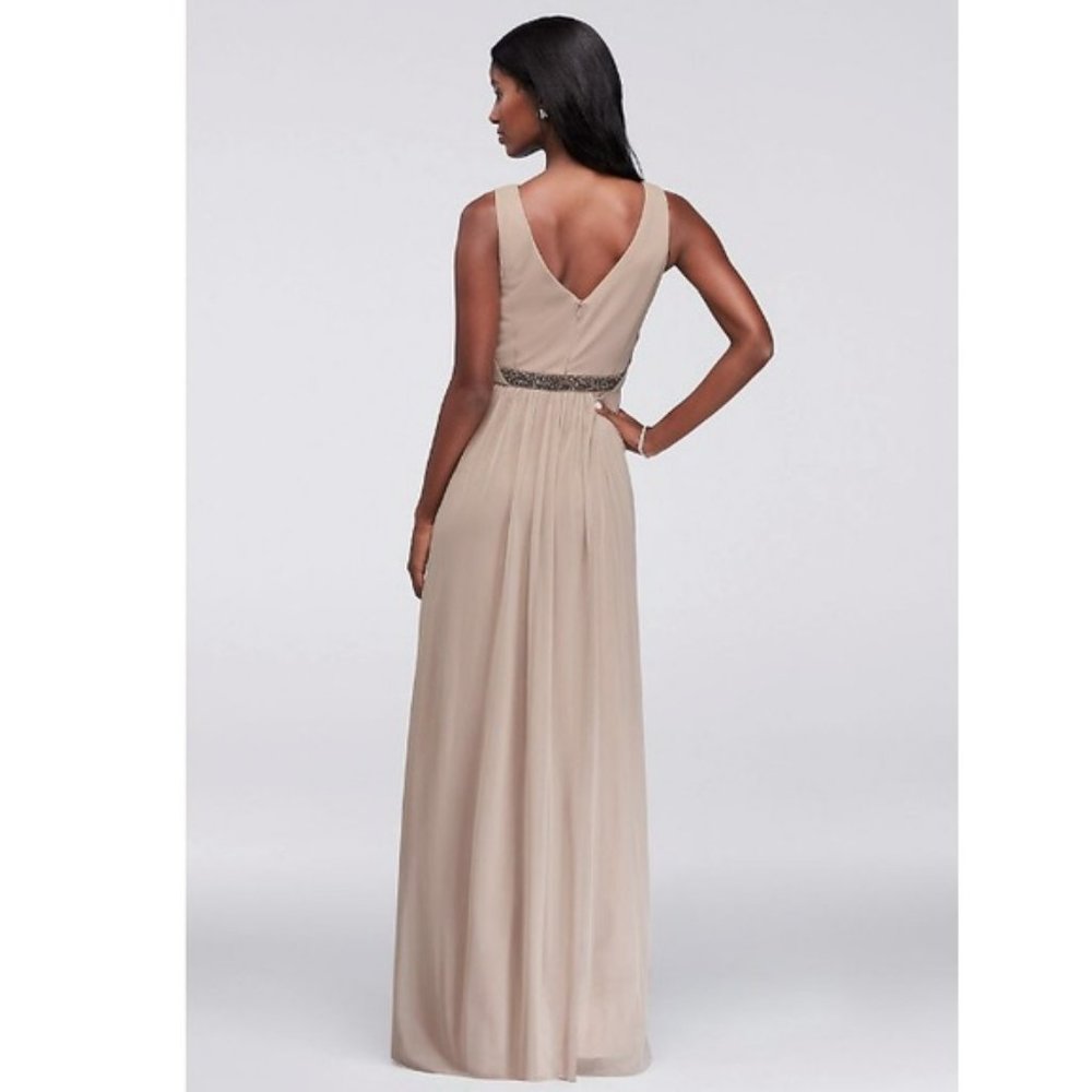 DAVID'S BRIDAL  W11092 Long Mesh Dress with V-Neck and Beaded Waistband - Picture 3 of 6